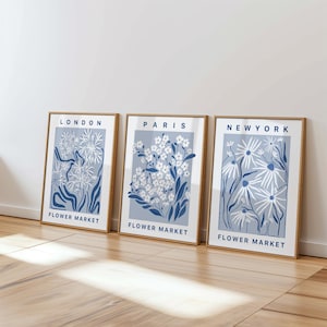 Flower market SET of 3 wall art, blue print set, London, Paris, New York, Ship Worldwide from UK,US,Aus,Europe : )