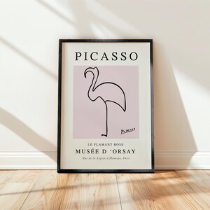 Impressão de Picasso, flamingo, reprodução de pôster de exposição vintage, desenho de linha inspirado em Picasso rosa, envio para todo o mundo do Reino Unido, EUA, Austrália, UE :)