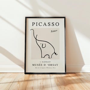Picasso print, Elephant, Vintage exhibition poster reproduction, Picasso inspired line drawing beige, Ship Worldwide from UK,US,Aus,EU : )