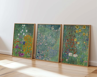 Gustav Klimt print Set of 3, Flower garden, Farm Garden with Sunflowers, Italian Garden, Ship Worldwide from UK,US,Aus,Europe : )