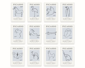 Picasso print line art  Picasso inspired line art exhibition poster Blue