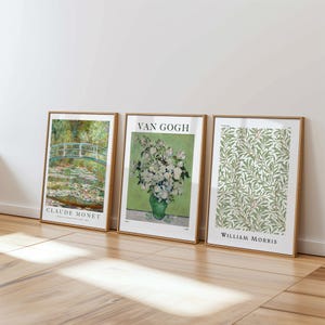 Set of 3 Green wall art, Floral print set of 3, William Morris, Van Gogh, Monet prints, Ship Worldwide from UK,US,Aus,Europe : )