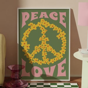 Póster floral de paz y amor, arte de pared con símbolo de paz floral. Envío a todo el mundo desde Reino Unido, EE. UU., Australia, UE :)