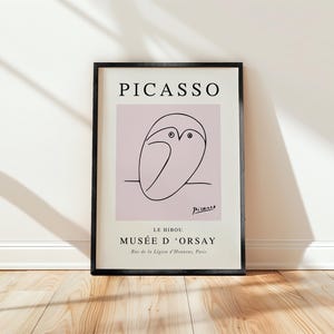 Wydruk sowy autorstwa Picassa, inspirowany Picassą rysunek liniowy przedstawiający różową sową, plakat z wystawy w stylu vintage, wysyłka na cały świat z Wielkiej Brytanii, USA, Australii i UE : )