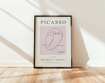 Impresión de Picasso del búho, dibujo lineal inspirado en Picasso, impresión de búho rosa, póster de exposición vintage, envío a todo el mundo desde Reino Unido, EE. UU., Australia, UE :)