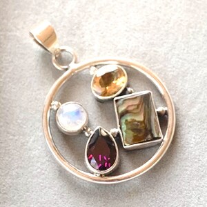 Handmade Solid Sterling Silver .925 Pendant with Amethyst, Moonstone, Citrine Quartz,  Rainbow Fluorite gemstones