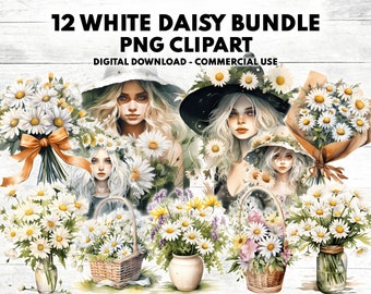 Watercolor Daisy Clipart: Floral Bouquets, Elements (PNG Digital Download)