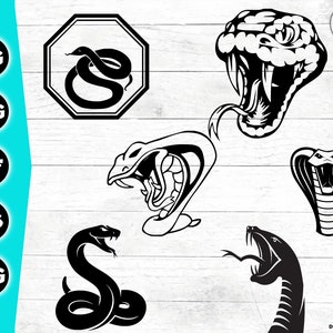 May include: Five black and white snake illustrations. One snake is curled up in a circle inside a black octagon. Another snake is coiled with its head raised and mouth open. The remaining three snakes have their heads raised with their mouths open and fangs showing.