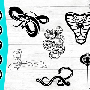 May include: A set of six black and white snake silhouette SVG cut files. The snakes are in various poses, including a cobra, a snake with its head raised, and a snake curled up. The files are perfect for creating custom designs for t-shirts, mugs, stickers, and more.