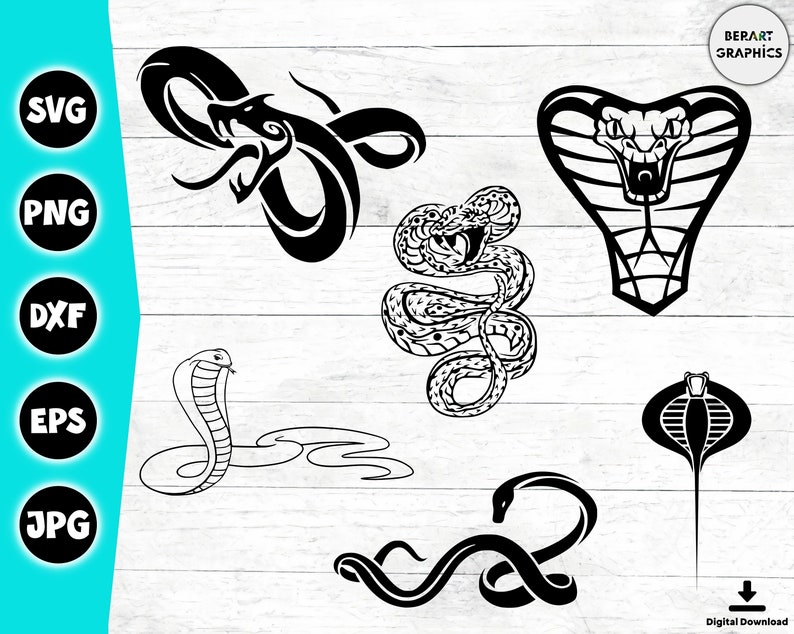 May include: A set of six black and white snake silhouette SVG cut files. The snakes are in various poses, including a cobra, a snake with its head raised, and a snake curled up. The files are perfect for creating custom designs for t-shirts, mugs, stickers, and more.