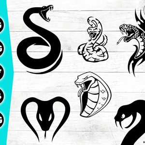 May include: A set of six black and white snake silhouette illustrations. The snakes are in various poses, including coiled, striking, and with their mouths open. The illustrations are perfect for use in a variety of projects, such as t-shirts, mugs, stickers, and more.