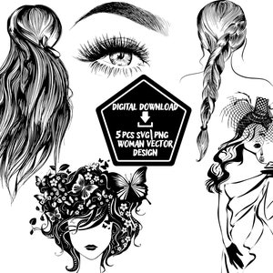 Femme Face Svg, Femme Cheveux SVG, Filles mignonnes SVG, Oeil SVG, Dessins au crayon de silhouettes féminines Imprimables Svg PNG Fichiers de téléchargement numérique.