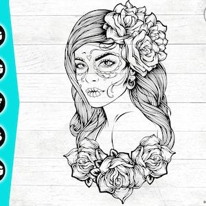 Floral Woman Sugar Skull SVG, Sugar Skull Day of the Dead, Silhouette, Clip art, Skeleton Svg Candy Flower rose Skull, Skull Woman SVG.