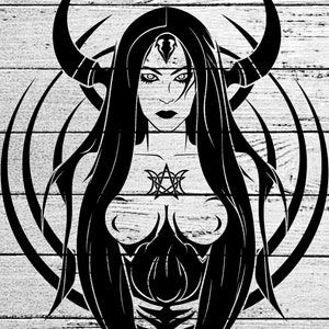 May include: Black and white illustration of a woman with horns and long hair. She has a pentagram symbol on her chest. The background is a white wooden surface.