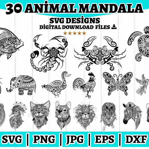 Animal Mandala Svg Bundle, Animal Mandala Set of 30 SVG, Animal Mandala Cut Files, Animal Gothic Svg, Svg files for cricut, Animal Svg.