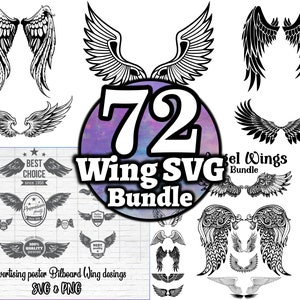 Ailes d&#39;ange Bundle 72 pcs fichier Svg Png, clipart ailes, fichiers Svg pour cricut, Svg pour tshirt, Svg pour cricut, svg ciel, ailes de couper le fichier.