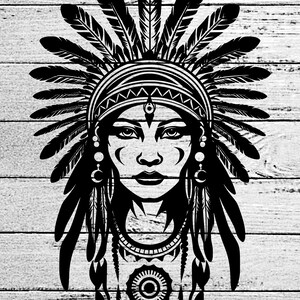 Fille amérindienne indigène guerrier femme Figure SVG PNG fichier impression et coupe, tipi indien tribu Clipart, aztèque Boho femme coupe fichier.