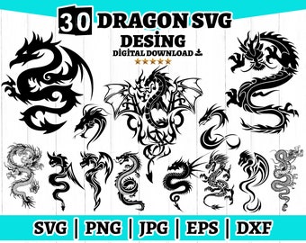 Dragon Silhouette SVG Bundle: 30 Dragon Designs (Digital Download)