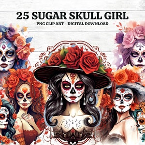 25 Pacote Png de garotas de caveira de açúcar, imagens de arte digital para download de clipart PNG, download digital instantâneo do Dia dos Mortos, Lady Sugar Skull
