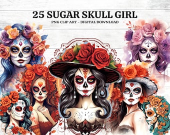 25 Sugar skull girls Png bundle, PNG clip art downloadable digital art images, Day of the Dead Instant Digital Download, Lady Sugar Skull