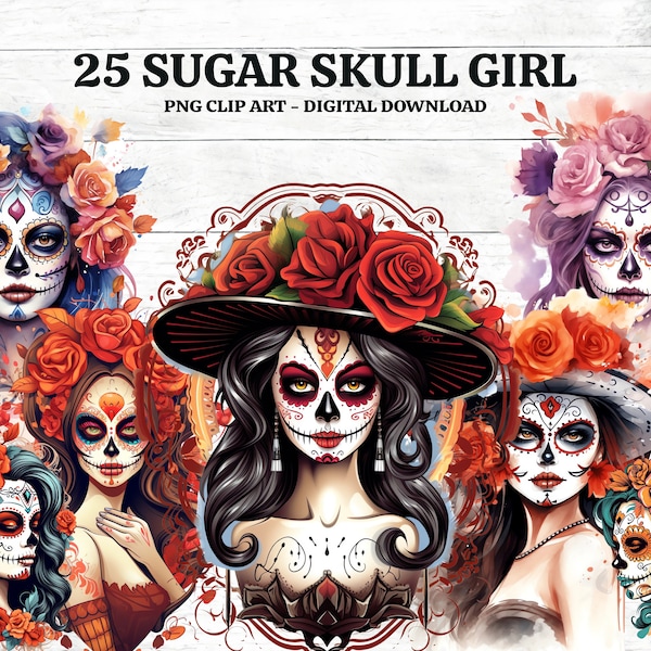 Ensemble de 25 filles de crâne de sucre Png, images d’art numérique téléchargeables PNG clip art, jour des morts téléchargement numérique instantané, Lady Sugar Skull