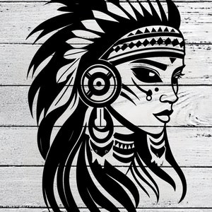 Garota nativa americana Svg, arquivo Png nativo americano, clipart de mulher indiana, clipart de cocar de penas Boho, guerreiro svg, arquivo Png Boho Svg