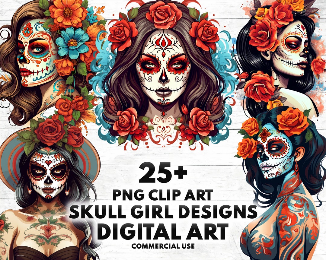 25 Sugar Skull Girls Png Bundle, PNG Clip Art Downloadable Digital Art