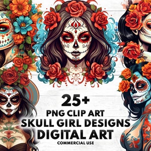 25 Sugar Skull Mädchen Png Bundle, PNG Clip Art herunterladbare digitale Kunstbilder, Tag der Toten sofortiger digitaler Download, Lady Sugar Skull.