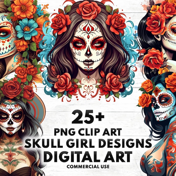 25 Sugar skull girls Png bundle, PNG clip art downloadable digital art images, Day of the Dead Instant Digital Download, Lady Sugar Skull.