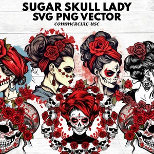 6 Sugar Skull Mädchen SVG PNG Bundle, PNG ClipArt herunterladbare digitale Kunstbilder, Day of the Dead Instant Digital Download, Lady Sugar Skull