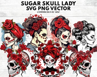 6 Sugar skull girls Svg Png bundle, PNG clip art downloadable digital art images, Day of the Dead Instant Digital Download, Lady Sugar Skull