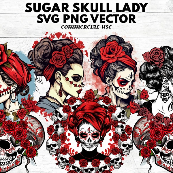 6 Sugar skull girls Svg Png bundle, PNG clip art downloadable digital art images, Day of the Dead Instant Digital Download, Lady Sugar Skull