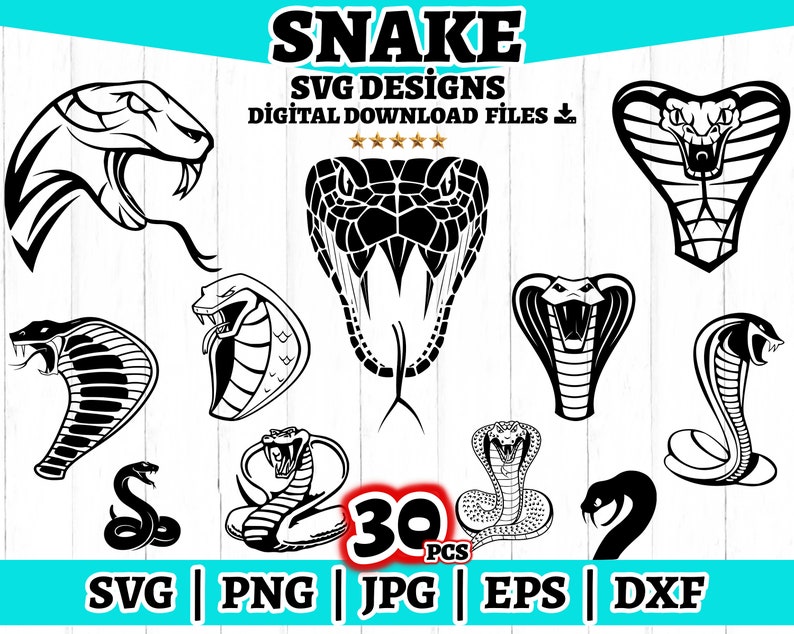 May include: A set of 30 black and white snake SVG designs for digital download. The designs include various snake poses, including a cobra, a snake with its head raised, and a snake curled up. The text "SNAKE SVG DESIGNS DIGITAL DOWNLOAD FILES" is at the top of the image.