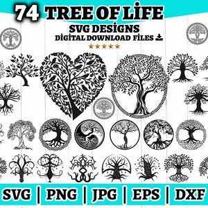 Puede incluir: Una colección de 74 diseños SVG en blanco y negro que presentan varias ilustraciones de árboles de la vida. Los diseños incluyen diferentes estilos de árboles, raíces y ramas, con algunos diseños que incorporan una forma de corazón o un círculo.