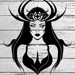 May include: Black and white illustration of a woman with long hair, a decorative headpiece, and a stylized bodice. The image has a wood grain background, and the woman's face is detailed with closed eyes and a defined lip shape.