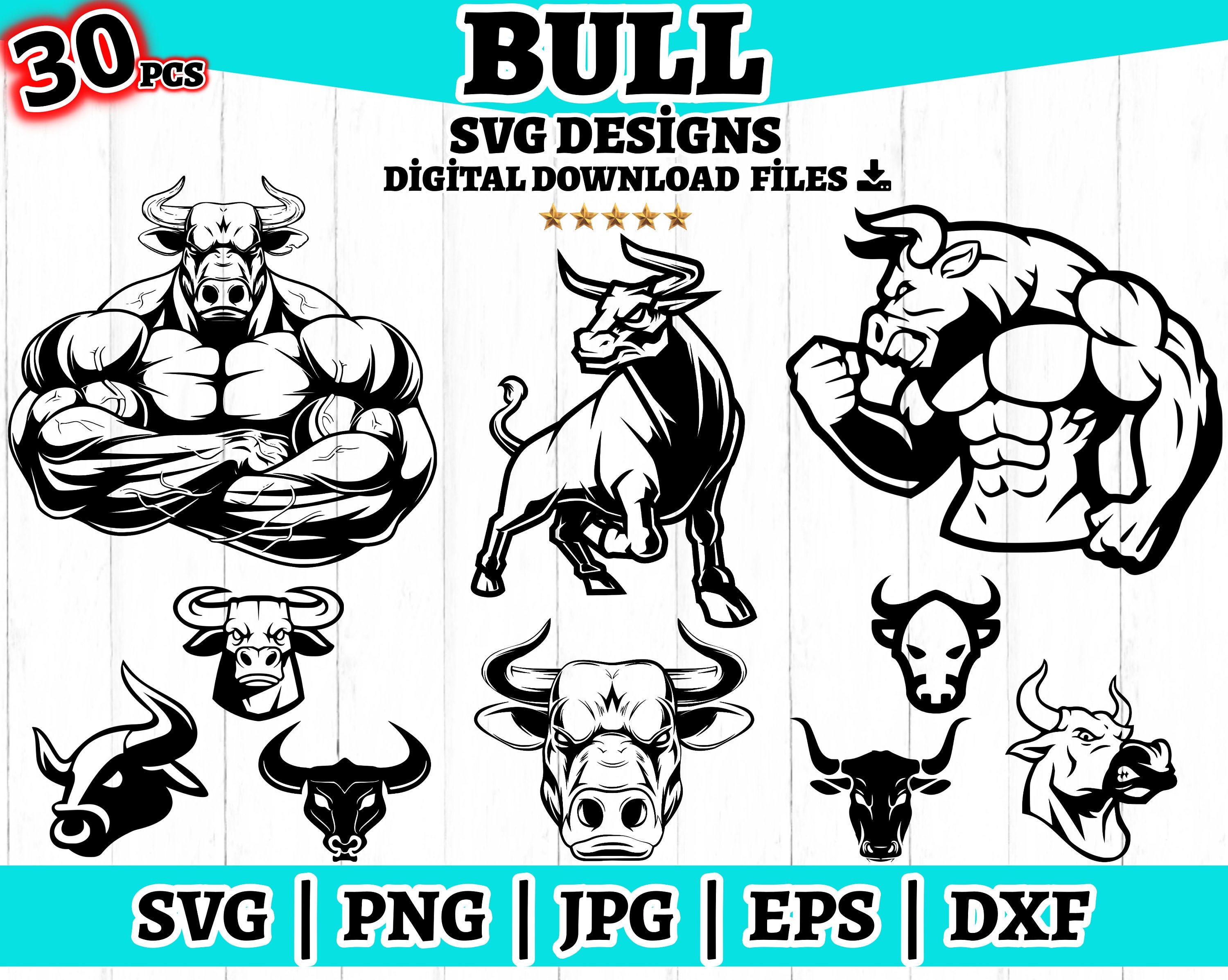 30 Bull SVG Bundle, Angry Bull Svg, Bull Cut Files, Bull Cricut SVG, Silhouette Bull SVG, Bull Head Svg Png, Taurus Svg, Angry Bull Stencil.