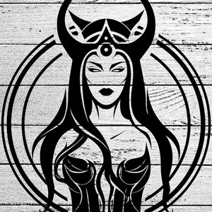 May include: Black and white illustration of a woman with long hair wearing a crown with horns. The woman is surrounded by a circle with concentric rings.