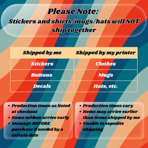 The image is a colorful and vibrant advertisement for stickers, buttons, mugs, and hats, with a note about the shipping process.