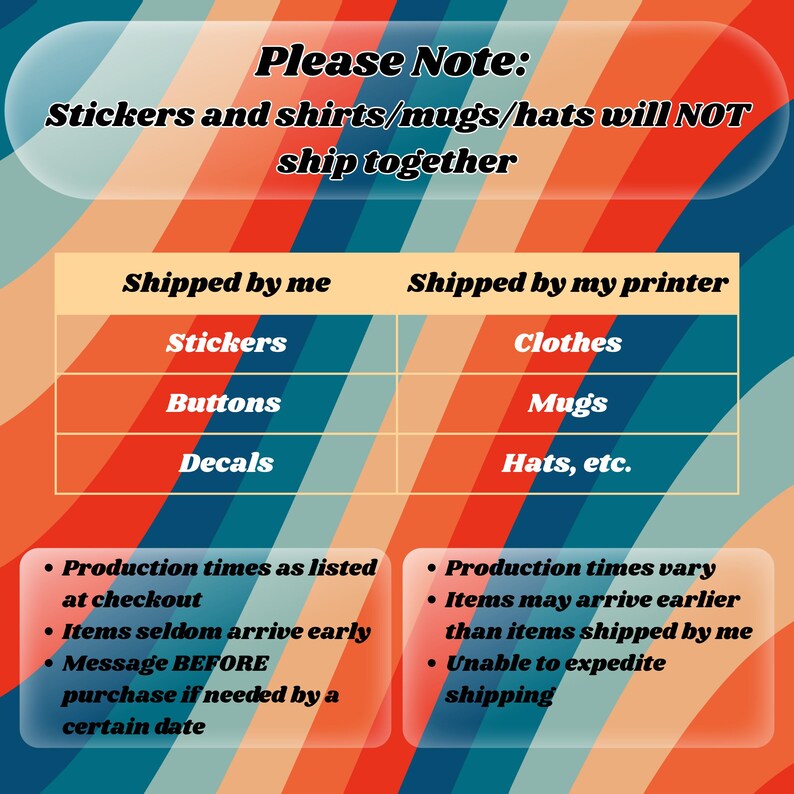 The image is a colorful and vibrant advertisement for stickers, buttons, mugs, and hats, with a note about the shipping process.