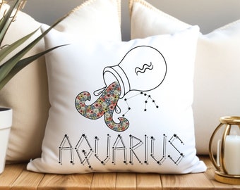 Zodiac Pillow, Polyester Square Pillow with Aquarius Floral Zodiac Sign for Astrology Birthday Gift, Personalized Room Decor for Dorm Room