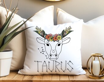 Zodiac Pillow, Polyester Square Pillow with Taurus Floral Zodiac Sign for Astrology Birthday Gift for Personalized Dorm Room Decor