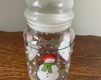 Vintage Libbey Glass Winter Themed Candy Jar with Snowman