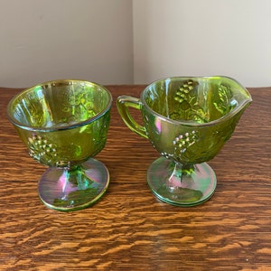 Indiana Green Carnival Glass Sugar and Creamer Harvest Grape