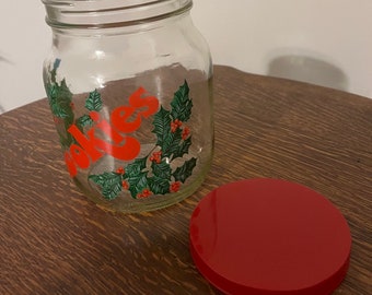 Vintage Christmas Holly Glass Cookie Jar with Plastic Lid