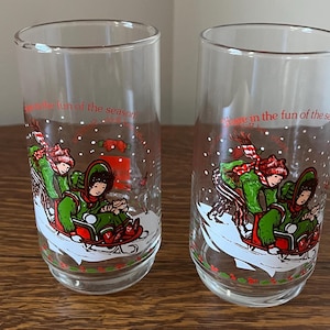 Vintage 1982 Holly Hobbie Coca-Cola Glasses - Holly and Robby Sledding - Limited Edition - Set of 2