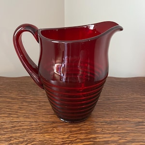 Vintage Ruby Red Glass Pitcher with Ribbed Design