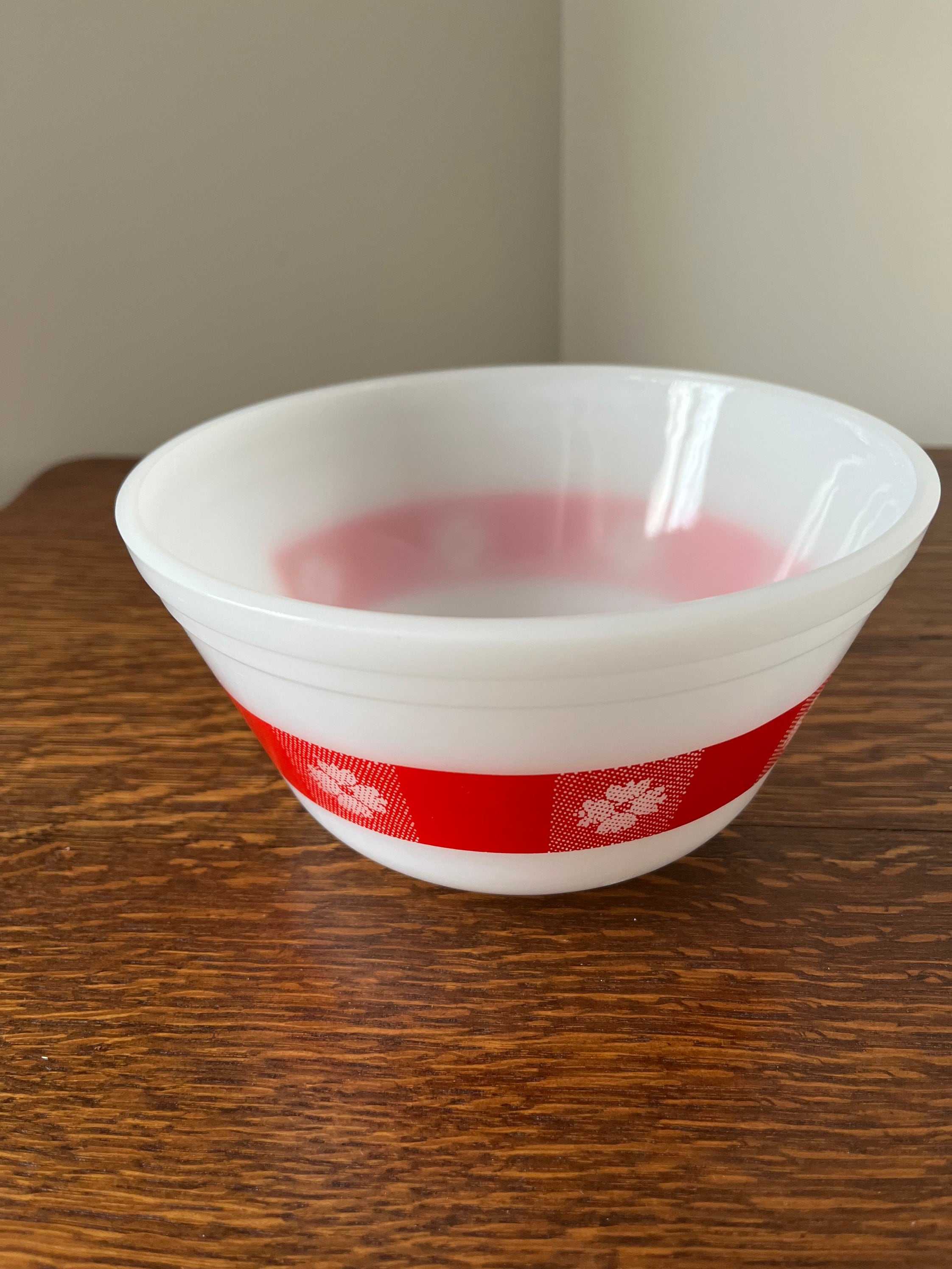Vintage Mid-century Federal White Milk Glass & Red Gingham