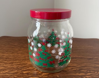 Vintage Anchor Hocking Christmas Tree Glass Cookie Jar With Red Lid