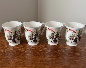 Vintage Charter Club Winter Garland Christmas Mugs - Set of 4 Holiday Coffee Cups