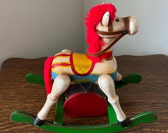 Vintage Hand-Painted Wooden Mechanical Rocking Horse Music Box Toy